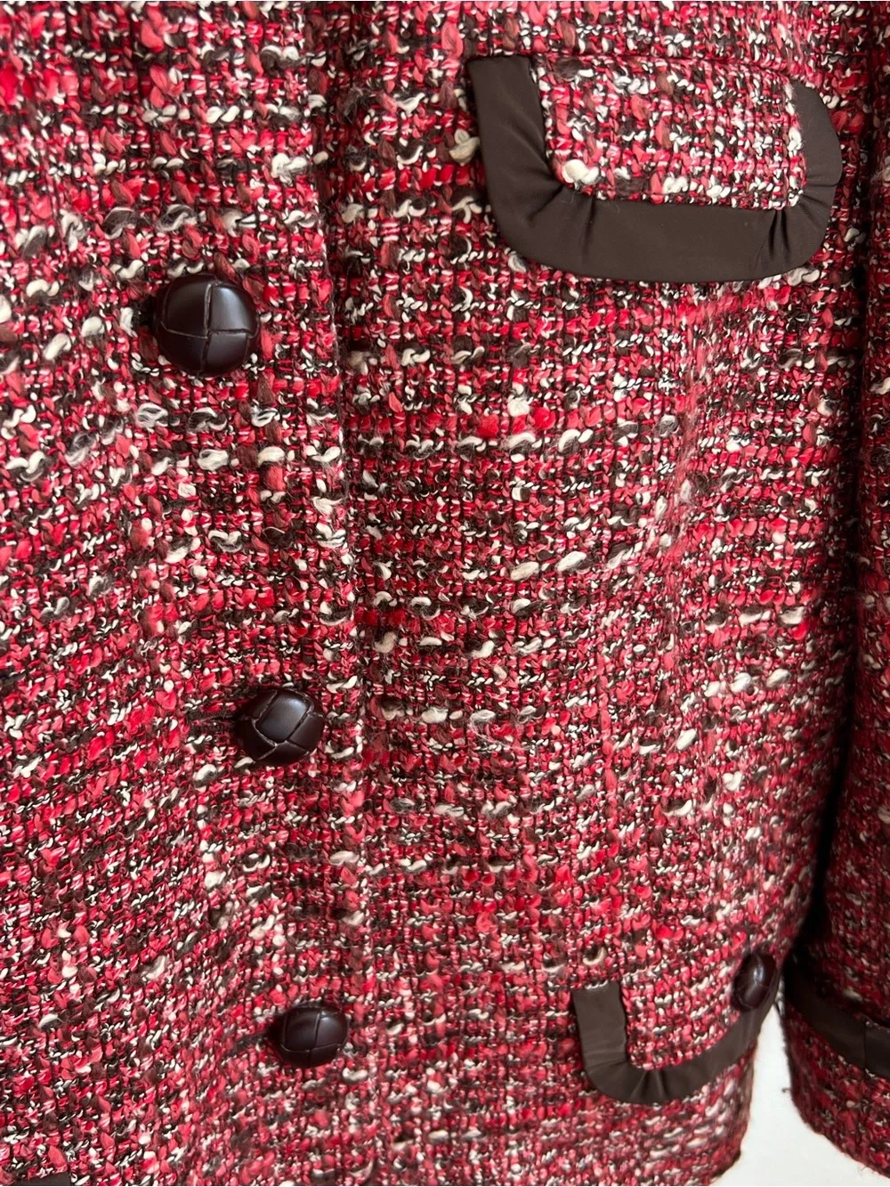 Talbots Red and Brown Trim Tweed Button-Front Jacket